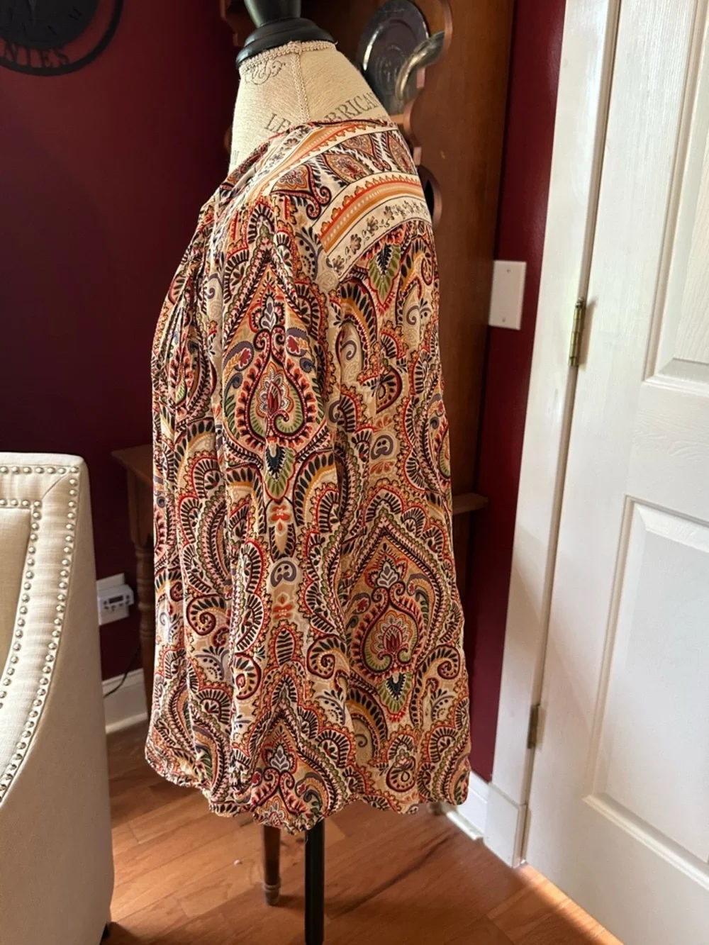 Democracy Paisley Split-Neck Blouse in Red, Cream and Green